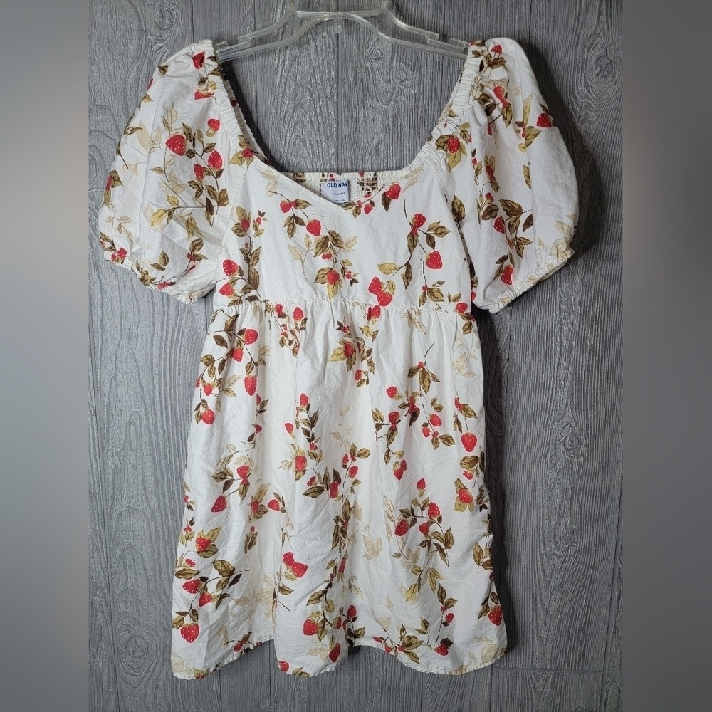 ♡Old Navy Strawberry Print Puff Sleeve Babydoll Dress White XS Petite Cotton